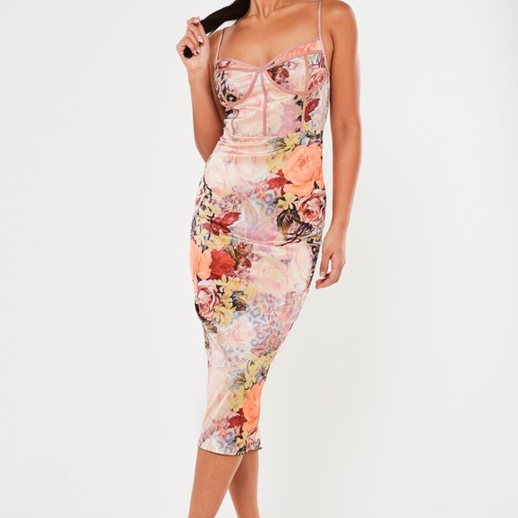 NWT Floral Animal Print Satin Corset Bodycon Midi - Picture 2 of 12